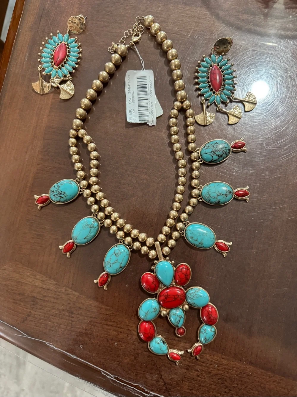Turquoise & Red Statement Necklace and Earring Set - Women Jewelry - Picture 1 of 2